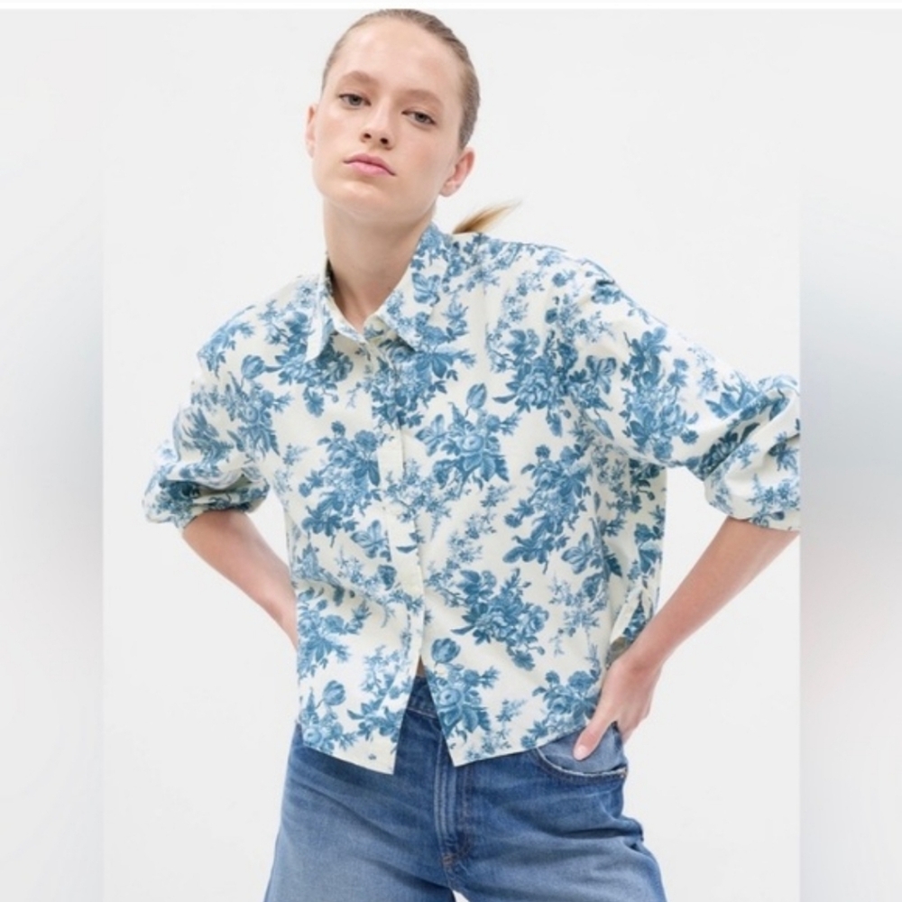 Gap X Love Shack Fancy Cotton Cropped Floral Print Button Down Shirt